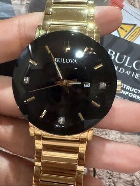 Bulova Diamonds Men’s Gold Tone Watch Black Dial 4 Diamond Markers Date Box
